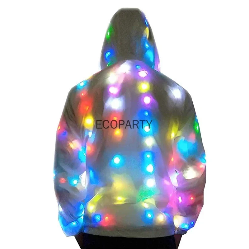 เสื้อโค้ทไฟ LED สีขาวเรืองแสงใหม่สำหรับผู้ชายผู้หญิงเสื้อโค้ทไฟ LED สำหรับเต้นรำสุดสร้างสรรค์เสื้อผ้าปาร์ตี้เทศกาล