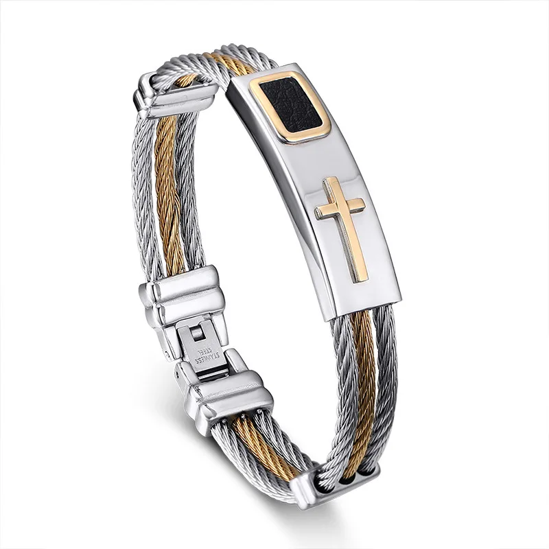 

Fashion Male Cross Cable Bangles Twisted Color Gold Titanium Steel Jesus Cross Charm Cuff Wire Bracelets Jewelry For Men