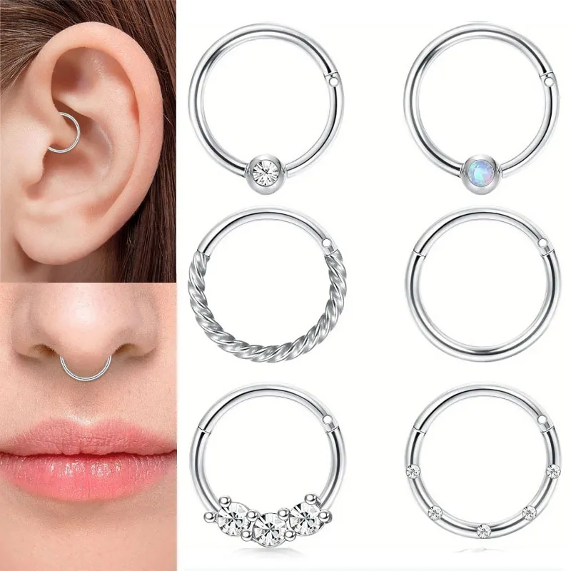 1/6pcs Stainless Steel Septum Nose Rings Hoops, CZ Hinged Clicker Nose Ring Lip Piercing Cartilage Hoop Earrings Jewelry Set