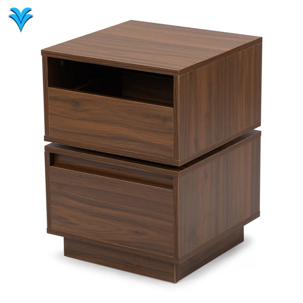 طاولة جانبية قابلة للدوران، طاولة بجانب السرير مع درجين، خزانة ذات درجين لغرفة النوم، جوز