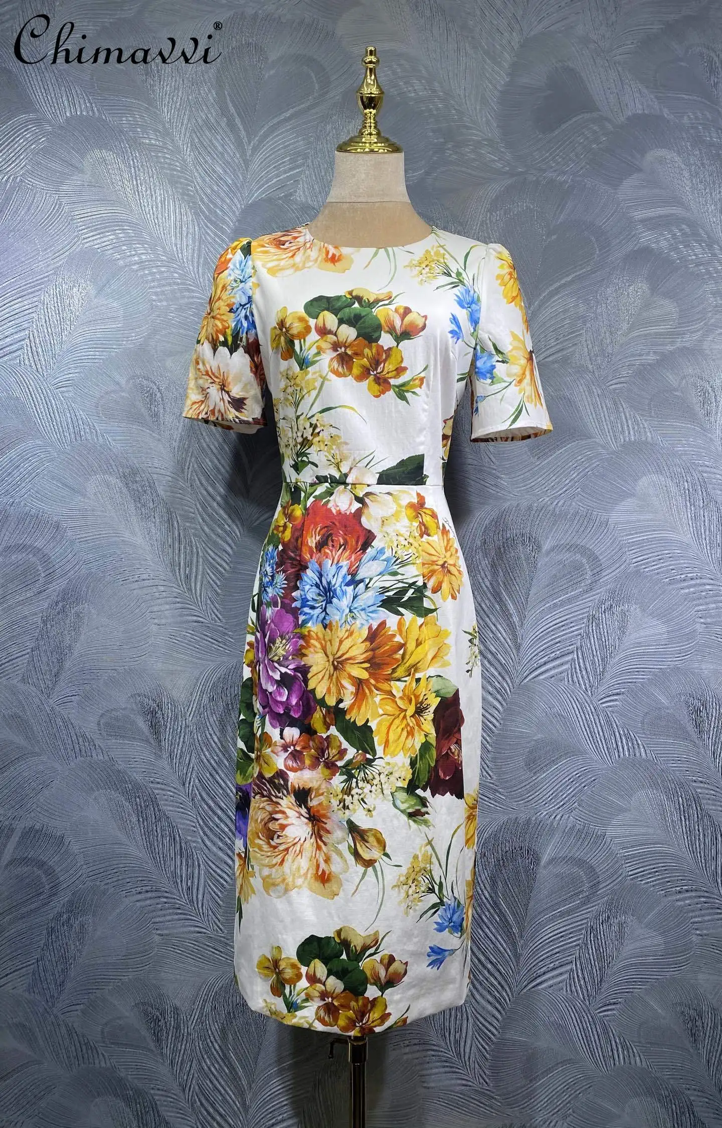 

2025 Summer New Fashion Crew Neck Cotton Printed Short-sleeved Dress High-end Slim Temperament Retro Party Women's Dress