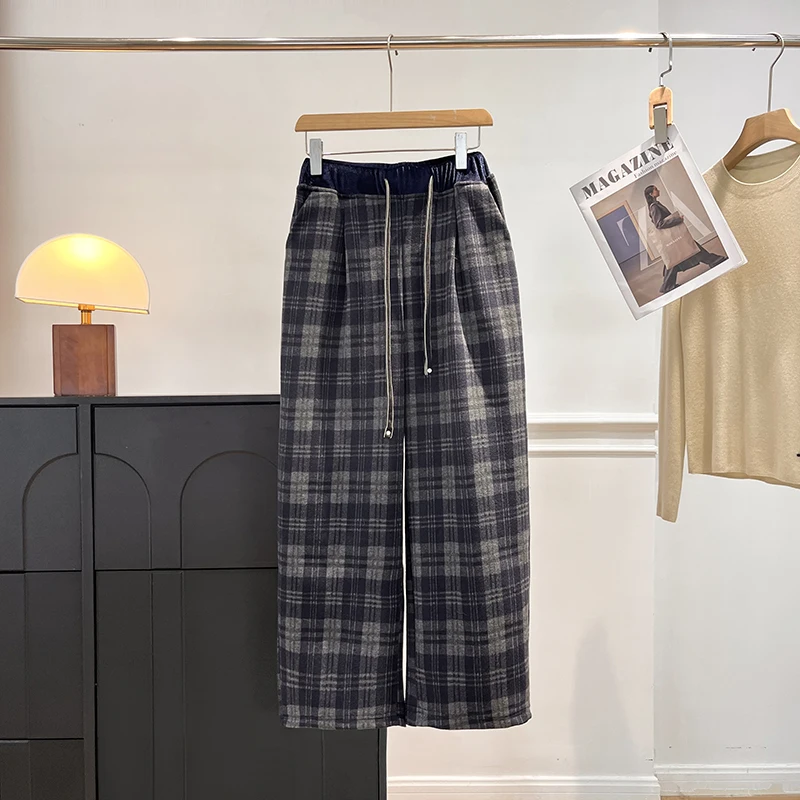 

Утепленные широкие брюки в клетку для женщин, повседневные, с высокой талией, с поясом, зимние, новые, модные, с кожаными вставками, бархатные, прямые
