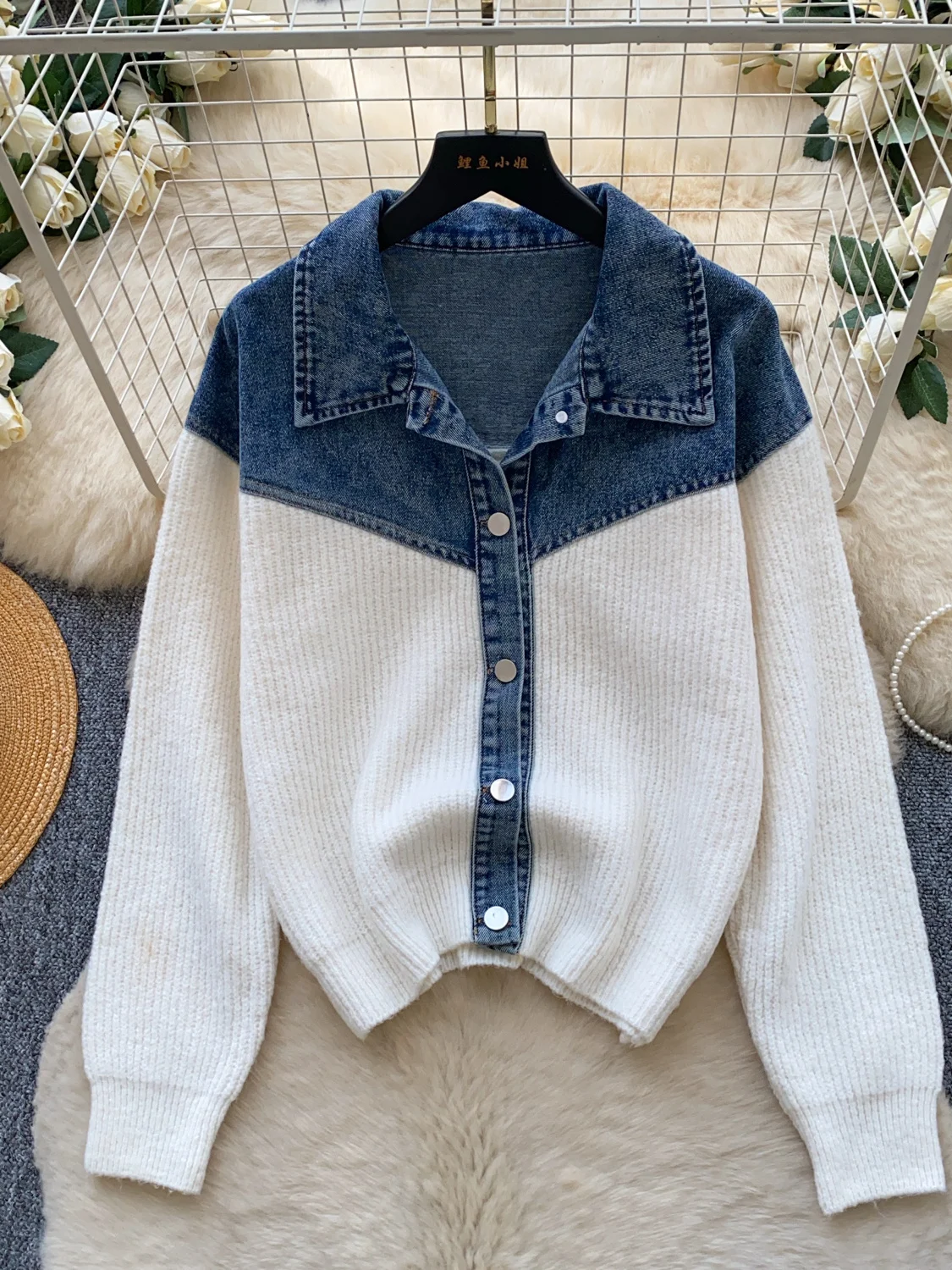 Laid-back Style Denim Patchwork Knitted Cardigan Women's Fashion Autumn New High-End Sweater Coat French Style Loose Fit