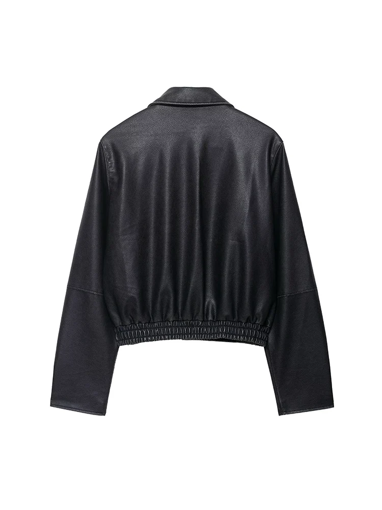 سترة نسائية جديدة على الطراز الأوروبي عصرية ومتعددة الاستخدامات أنيقة غير رسمية بياقة قلابة وأكمام طويلة وجيب من الجلد الصناعي. #2