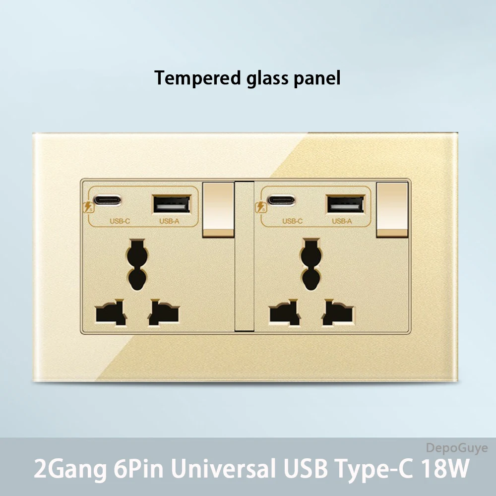Gold Universal Tempered Glass Wall Socket,UK 13A power outlet with USB Type C 18W Quick Charge,Home Light Electric Switch Panel image 3