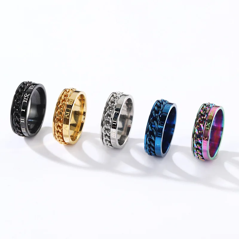 Roman Numerals Stainless Steel Spinner Ring with Chain - Men's Fashion Fidget Band in Multiple Colors