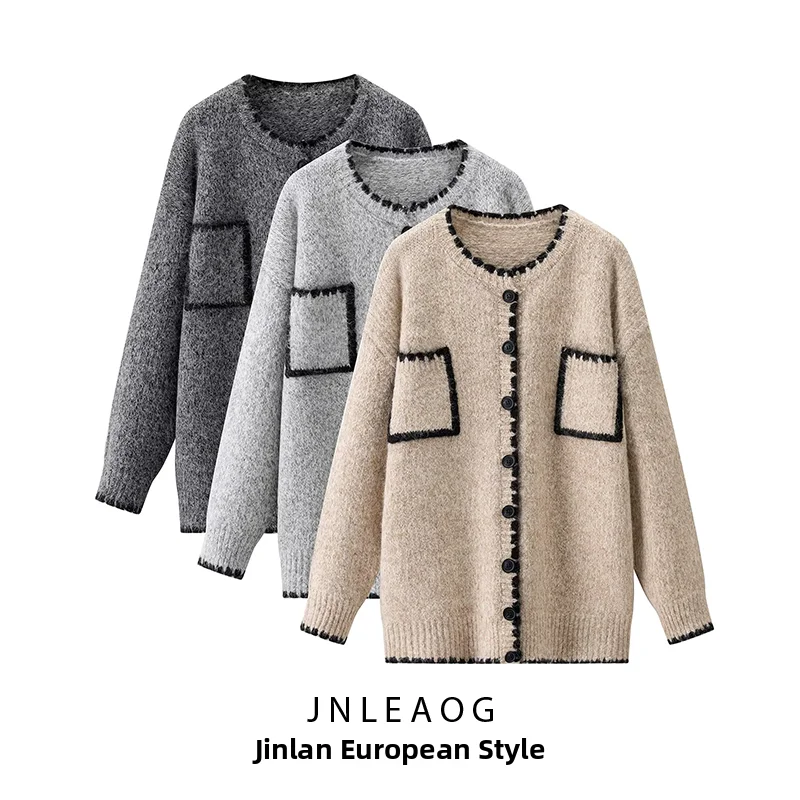 JNLEAOG Women's Comfortable Loose Fit round Neck Sweater Coat Three Color Single Button Autumn New Style Casual Fashion