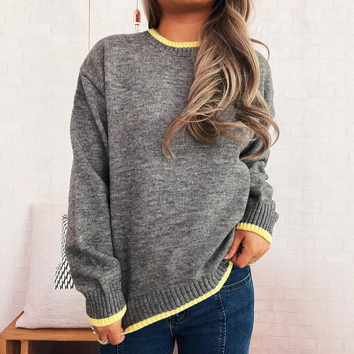 

Женский повседневный вязаный пуловер, осенне-зимний модный свободный однотонный свитер с круглым вырезом и длинными рукавами