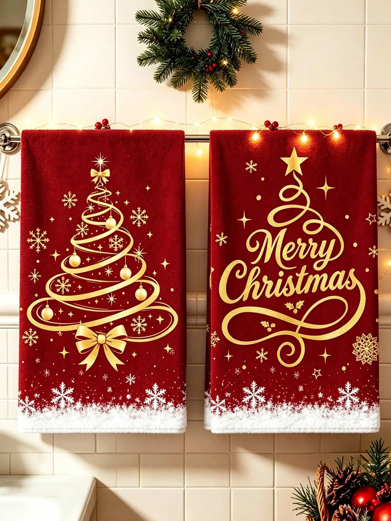 2pcs Christmas Decorative Towels, Red & Gold Christmas Tree, Snowflake, Reindeer Pattern Decorative Napkins, Bath Towels, Merry Christmas Hand Towels, Dish Cloths, Water-Absorbent Towels, Christmas Kitchen Supplies sh260727164397711462901