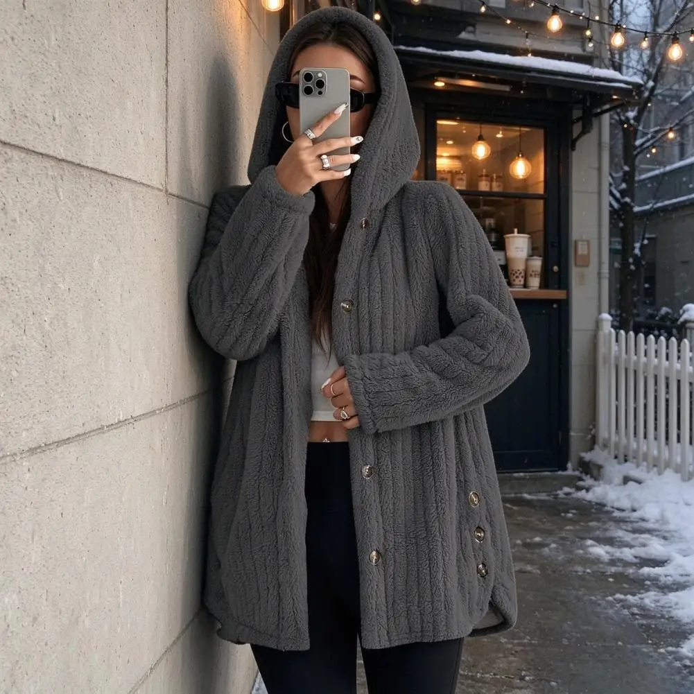 Loose Fit Fleece Coat Long Sleeve Mid Length Coat Women’s Fleece Hooded Coat Oversized Button Front Jacket Warm Long for Fall