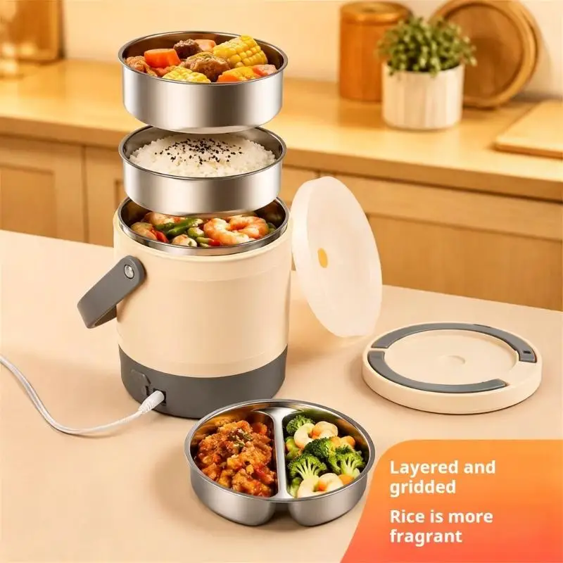 R9UF Stainless Steel Portable Electric Warmer Multiple Compartments 1.6L Capacity Lunch Box With Ergonomic Grip