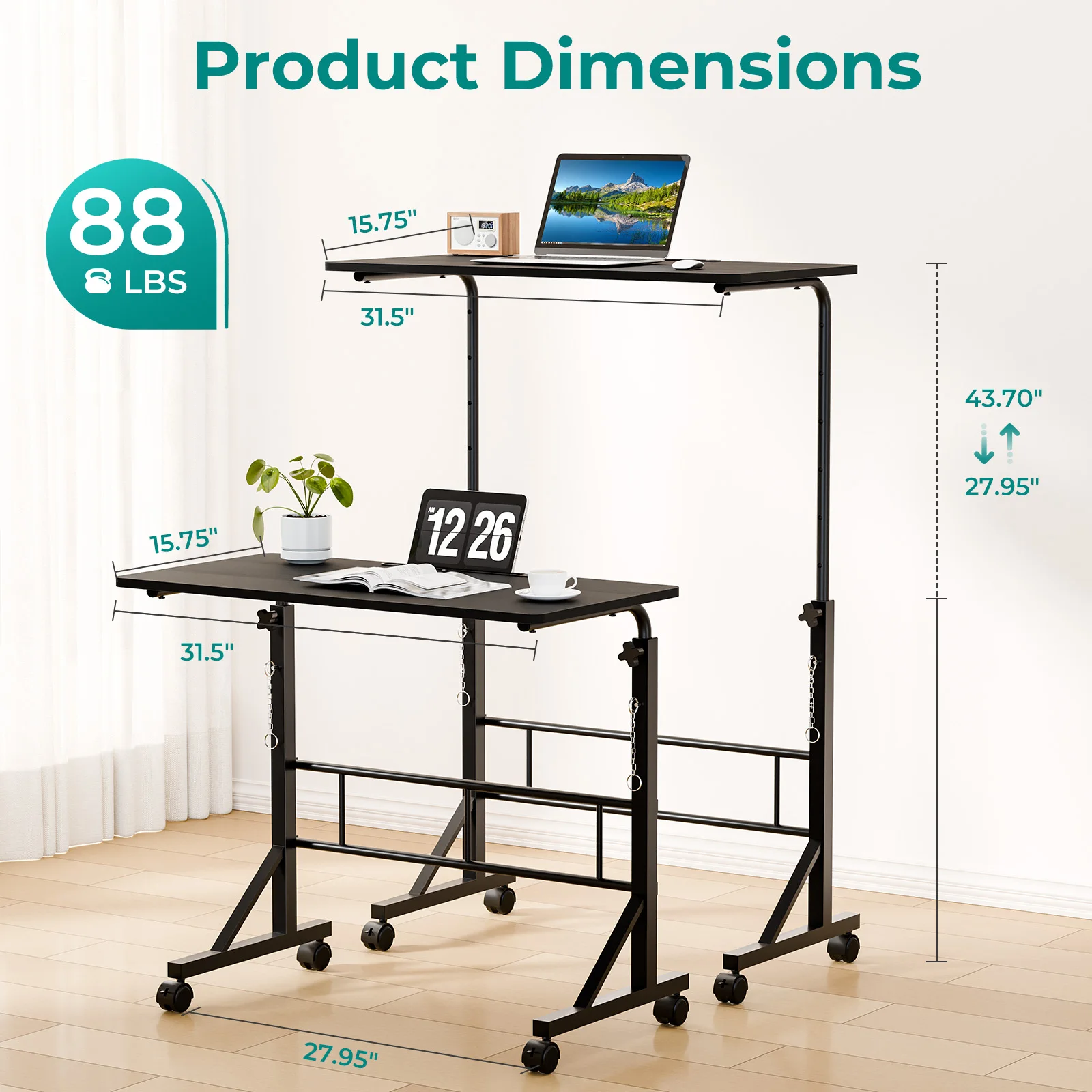MCQ 31.5 Inch Standing Office Computer Desk With Lockable Wheels Ergonomic Gaming Desk With Adjustable Height Portable Rolling Design  For Home Office Small Space