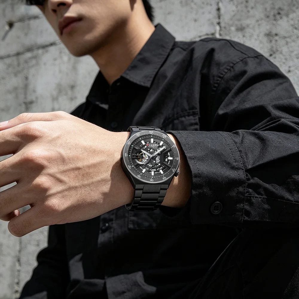 CURREN Skeleton Hollow Dial Automatic Mechanical Watch for Men 42mm Stainless Steel Band Business Sport Wristwatch with Luminous