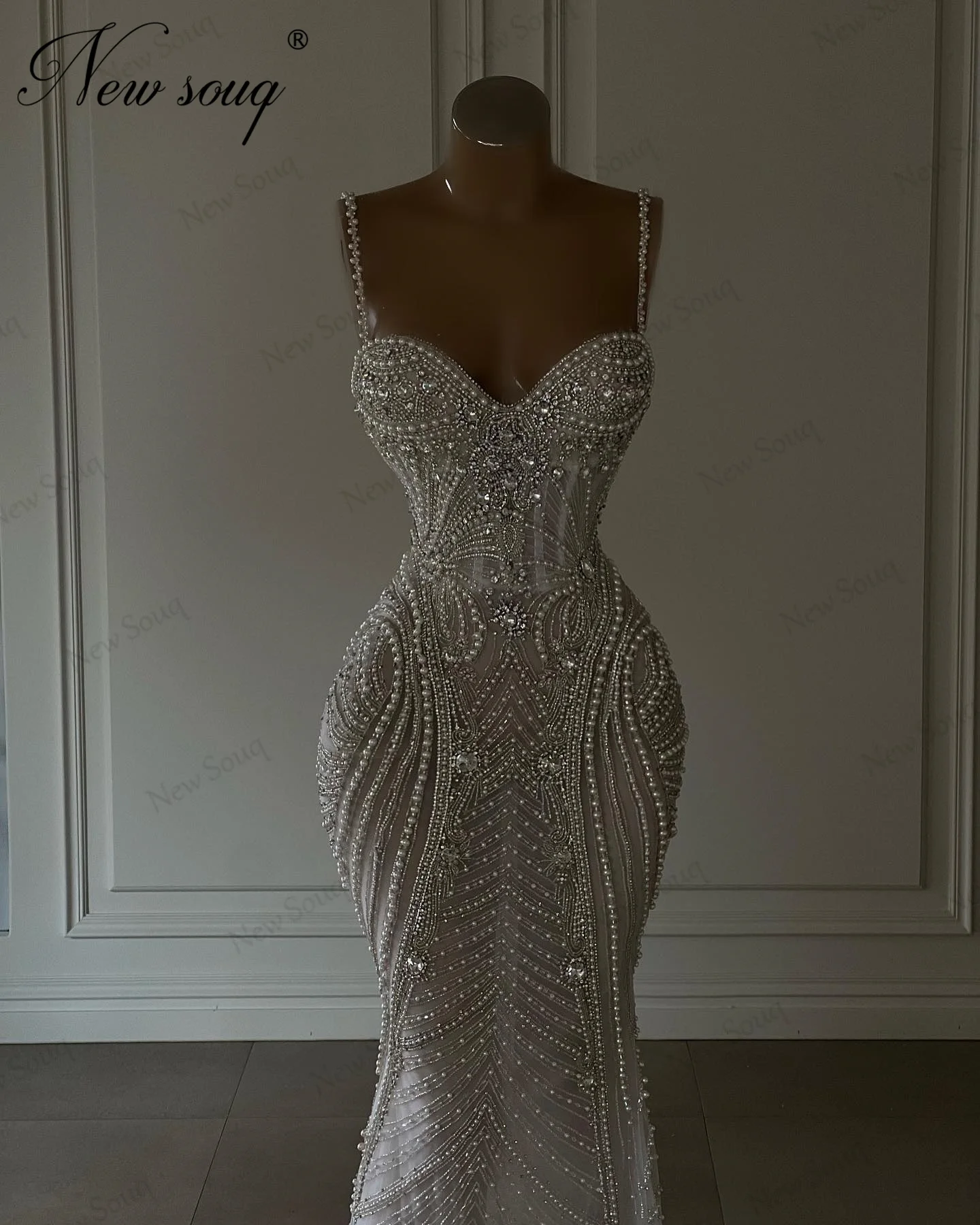 Spaghetti Straps White Mermaid Evening Dresses Handmade Beaded Crystals Wedding Party Dress Arabic Dubai Women Prom Dress Robes