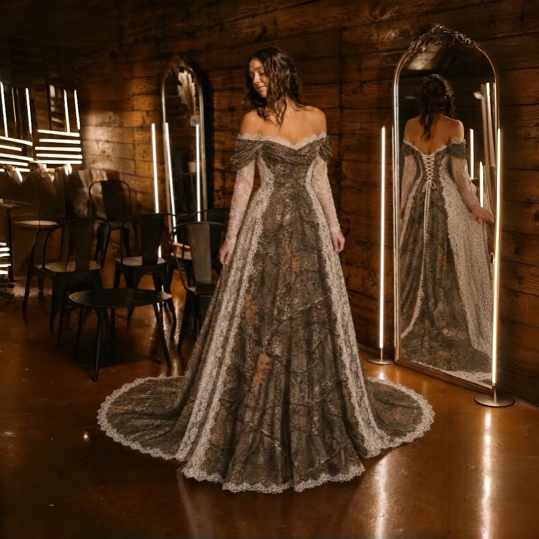 Camo Wedding Dress Off Shoulder Lace Long Sleeve Corset Back Long Train Rustic Farm Bridal Gown Customized