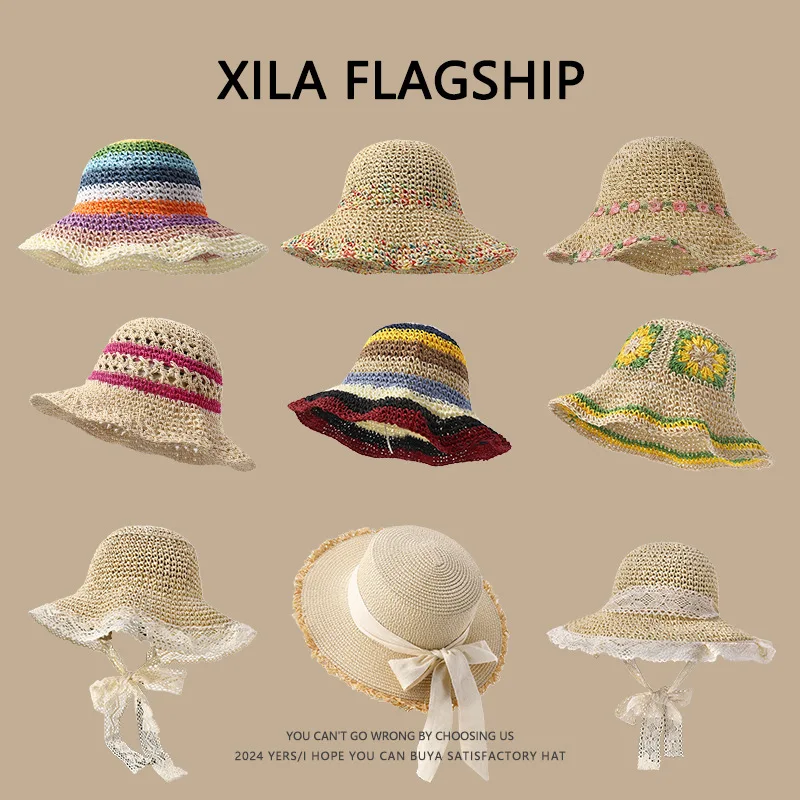 Women Bohemian Style Summer Hollow Out Wide Brim Straw Hat Uv Protection Foldable Crochet Bucket Hat Multiple Optional Styles