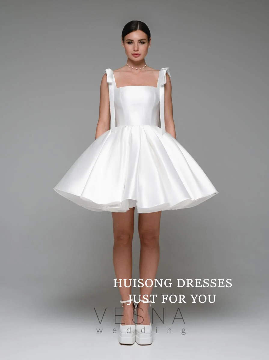

HUISONG Customized Short Satin Wedding Dresses Sleeveless Spaghetti Straps A-Line Mini Bridals Gowns Beach Wedding Party Dress