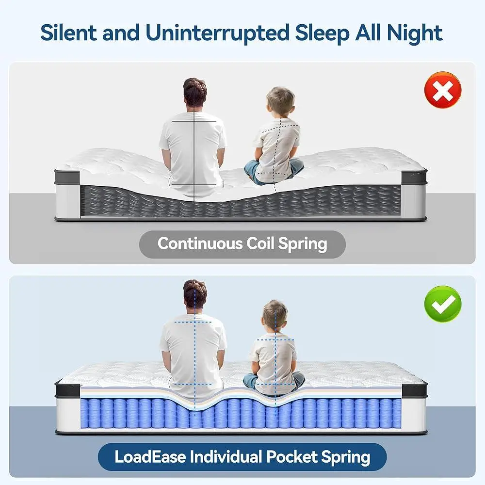 12 Inch Queen Mattress Hybrid Memory Foam Pocket Spring Mattress Comfortable Support Breathable Surface Motion Isolation Easy