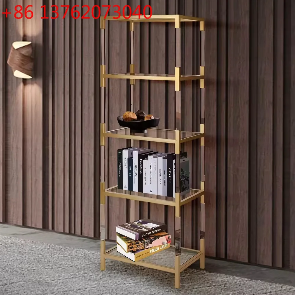 

Light luxury acrylic floor bookshelf Household transparent tempered glass stainless steel display shelf