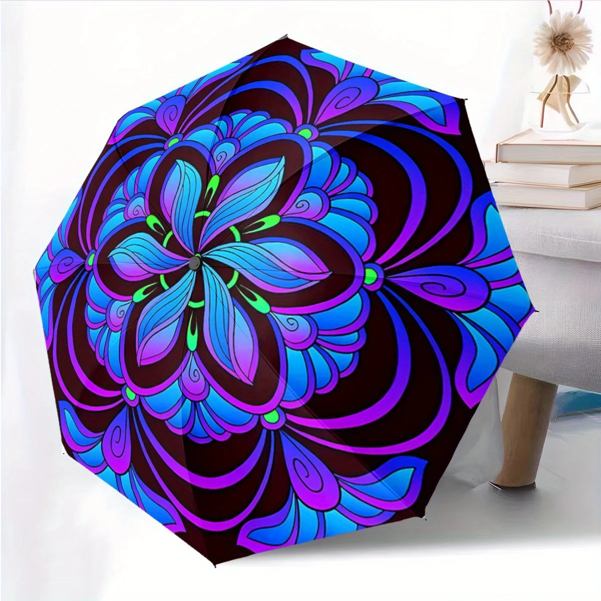 

Automatic Folding Umbrella A vibrant floral mandala with blue and purple petals. Portable collapsible design, casual outdoor a