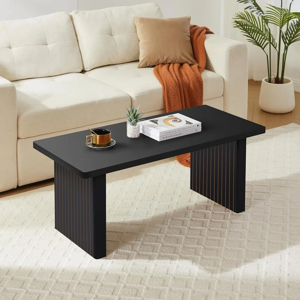 Mid Century Modern 43 Inch Wooden Coffee Table with Fluted Legs and Rounded Corn for Living Room