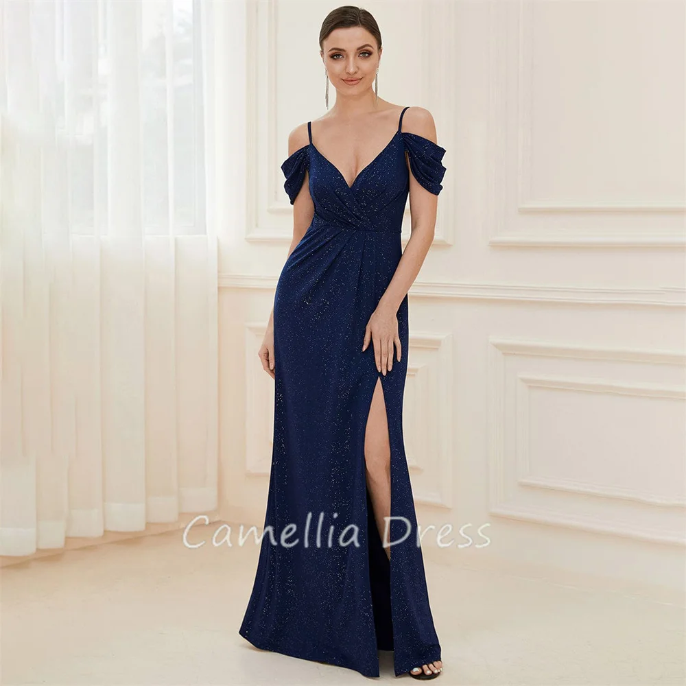 Gaun malam ketat elegan gaun Prom V-Neck gaun Formal panjang lantai bahu dingin gaun Formal