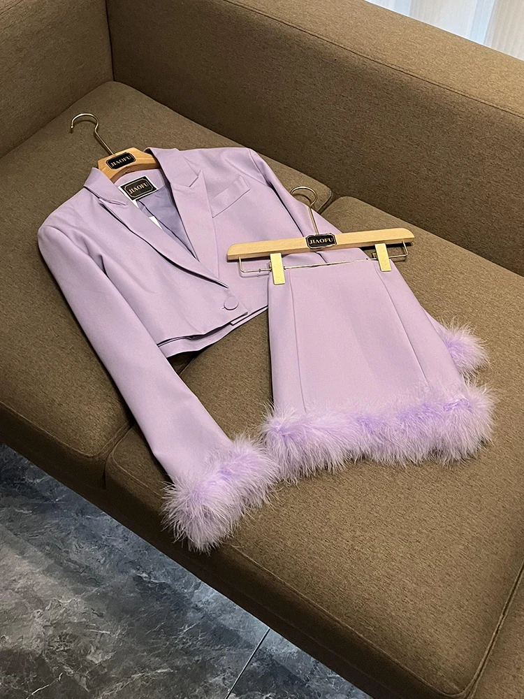 

2025 Autumn Winter Women's Busin Suit ort Set with Ostrich Feather Design Commute Faionable And Ele D37