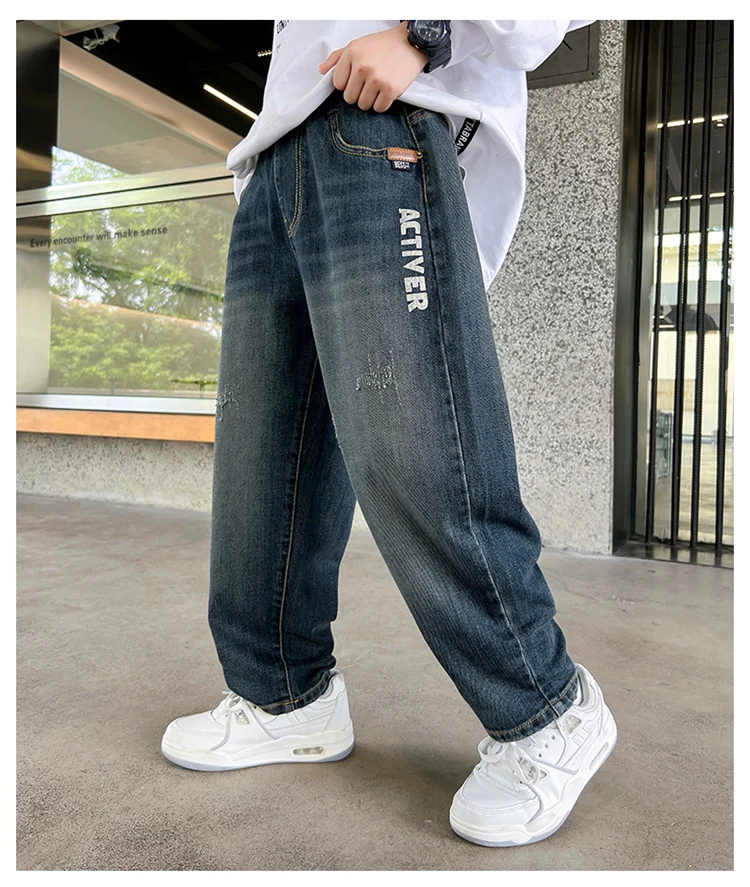 Heißer Verkauf Kinder-Jeans mit Taschen für Jungen Neue Frühlings-Jeans mit elastischem Bund Hochwertige Teenager-Jeanshosen – Detail 3