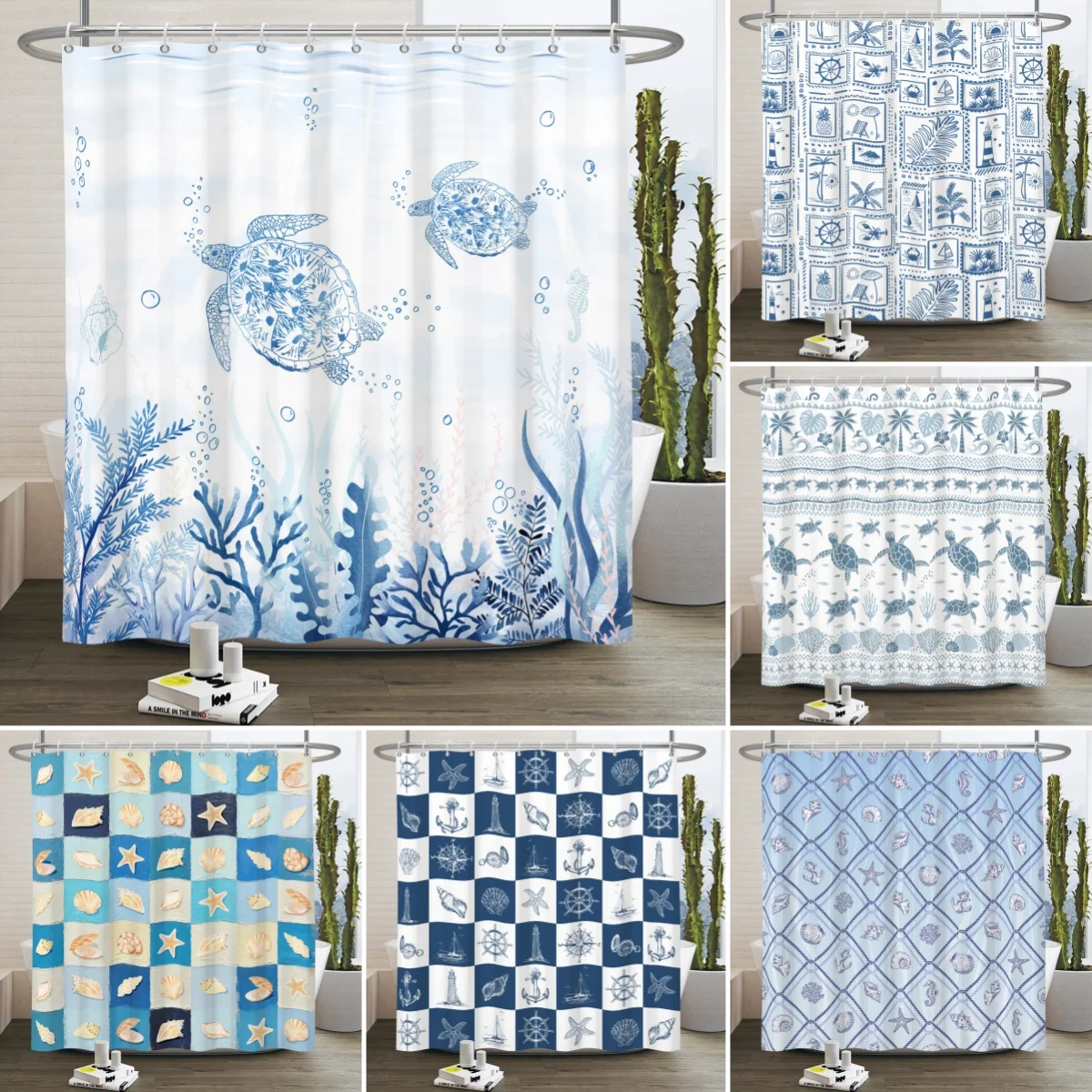 Marine Life  Shower Curtain Turtle Shells Starfish Anchor Ocean Style With Hooks Bathroom Decor Curtain Waterproof Sea Theme
