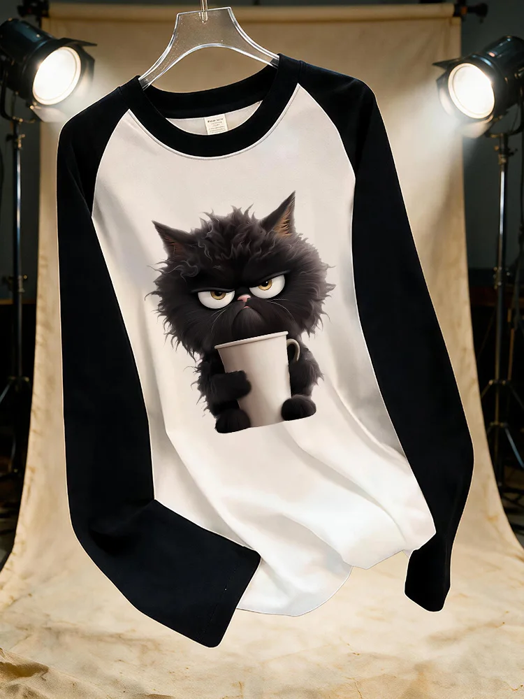 A Little Black Cat Holding A Coffee Cup Print Crew Neck T-Shirt Casual Raglan Long Sleeve Tops Women's Clothes Female Outfit