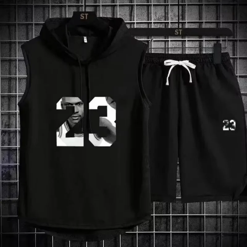 Summer New Men's Sleeveless Hooded T-shirt+shorts pants Sports two-piece set gym  Fashion  Casual Men Women Sports Two Piece Set image 5