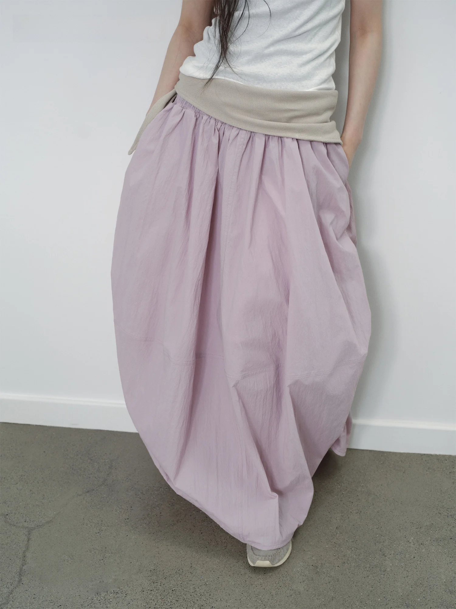 VERMO Foggy Grey Plum Color Texture Anti-Wrinkle Elastic Waist Drawstring Balloon Half Skirt Women's Fashion Spring Summer