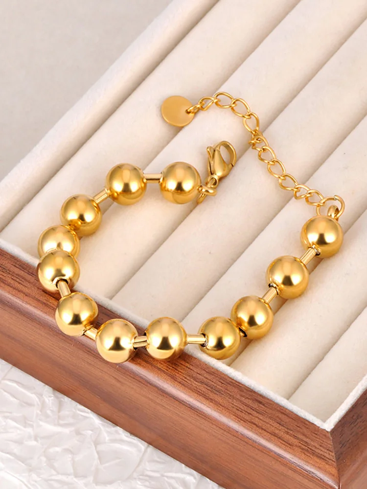 Lokaer Trendy Stainless Steel 8/10mm Round Beads Chain Bracelet for Women 18K Gold Plated Party Jewelry Браслет pulseras B24093