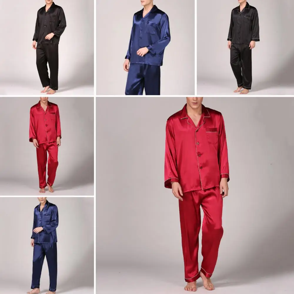 Imitation Silk Sleepwear Men Summer Pajama Set Shirt Pants Home Gown Nightwear