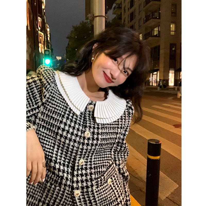 Manteau en laine pour femmes, nouveau Design, petite taille, haut en Tweed à carreaux, Vintage, boutons, détail bulle, Fiber de Polyester, 2025