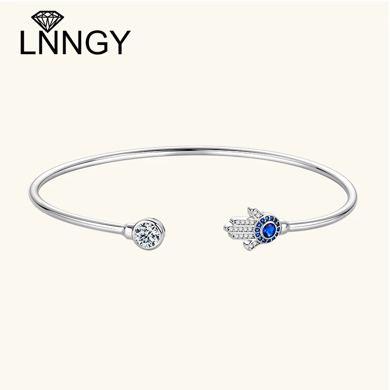 

Lnngy Solid 925 Sterling Silver Bracelet Fatima Hand Evil Eye Bracelets For Women Bezel Setting Cubic Zircon Cuff Bangle Jewelry