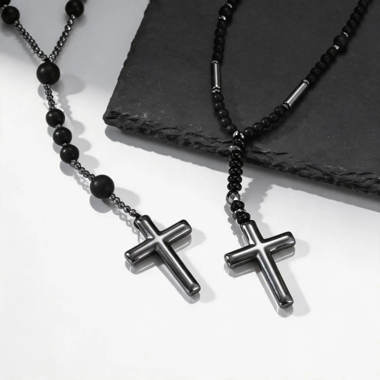 Hematite Cross Rosary Necklace for Men,Natural Stone Black Agate Beaded Pendant Neckalce,Energy Religious Prayer Jewelry