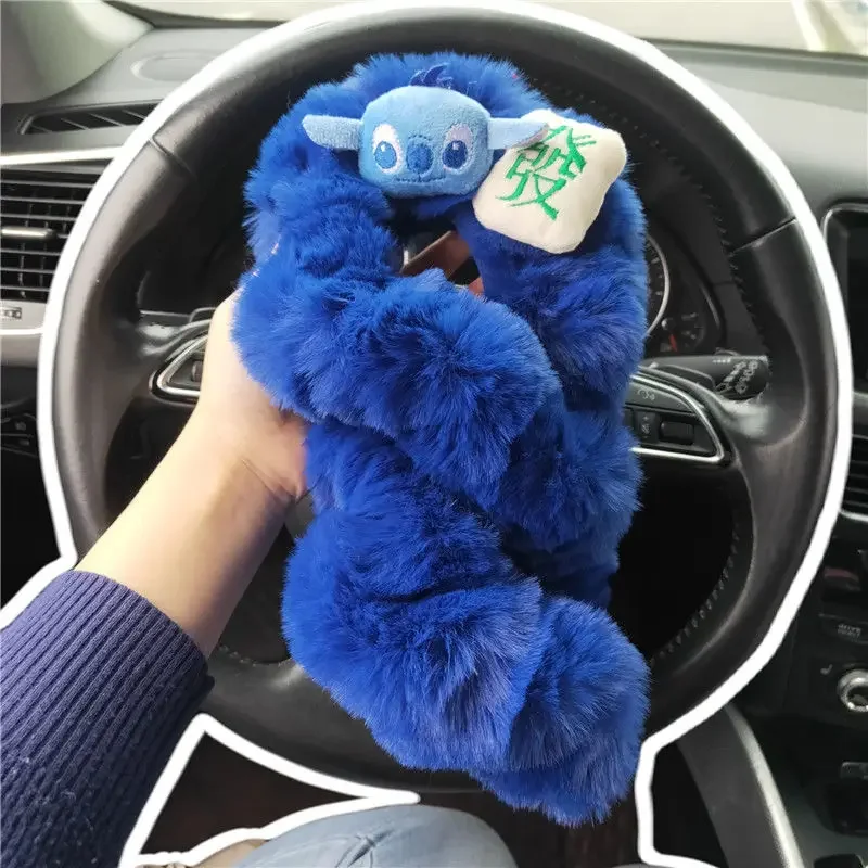 Stitch Plush Steering Wheel Cover Cute Cartoon Winter Warm Elasticity Handlebar Cover Universal Anti-slip Car Decor Protect Case