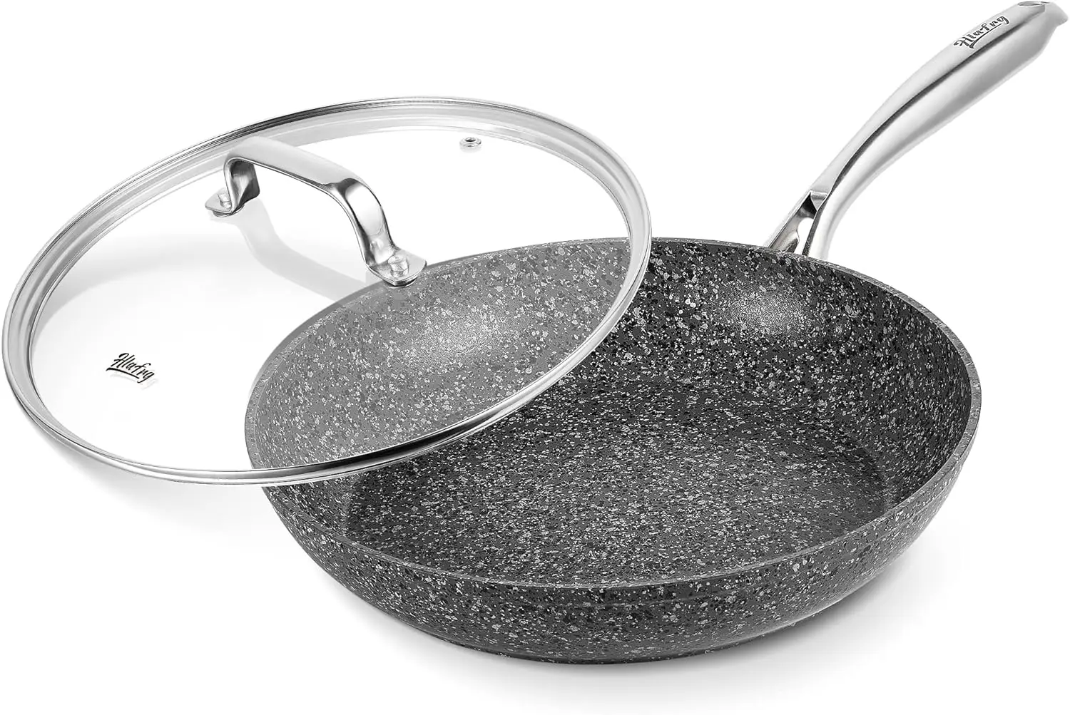 

HLAFRG 8 Inch Nonstick Frying Pan with Lid, Grey Granite Skillet, Even Heating, 8 Inch Omelet Pan with Heat-Resistant Handle