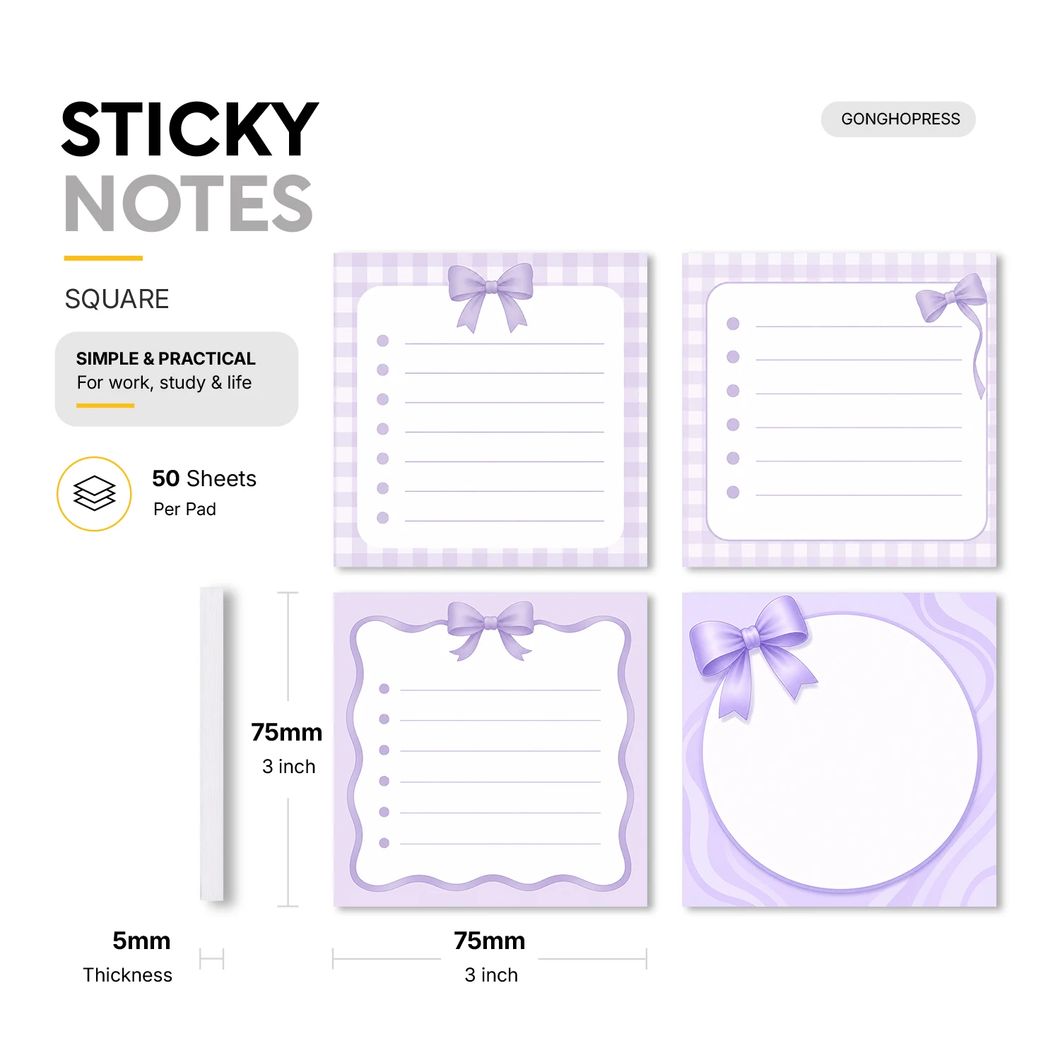 4Pcs Purple Bow Sticky Notes 3x3 Inch, 200 Sheets Cute Checklist Self Stick Memo Pads, Lined Square Notepad with Removable