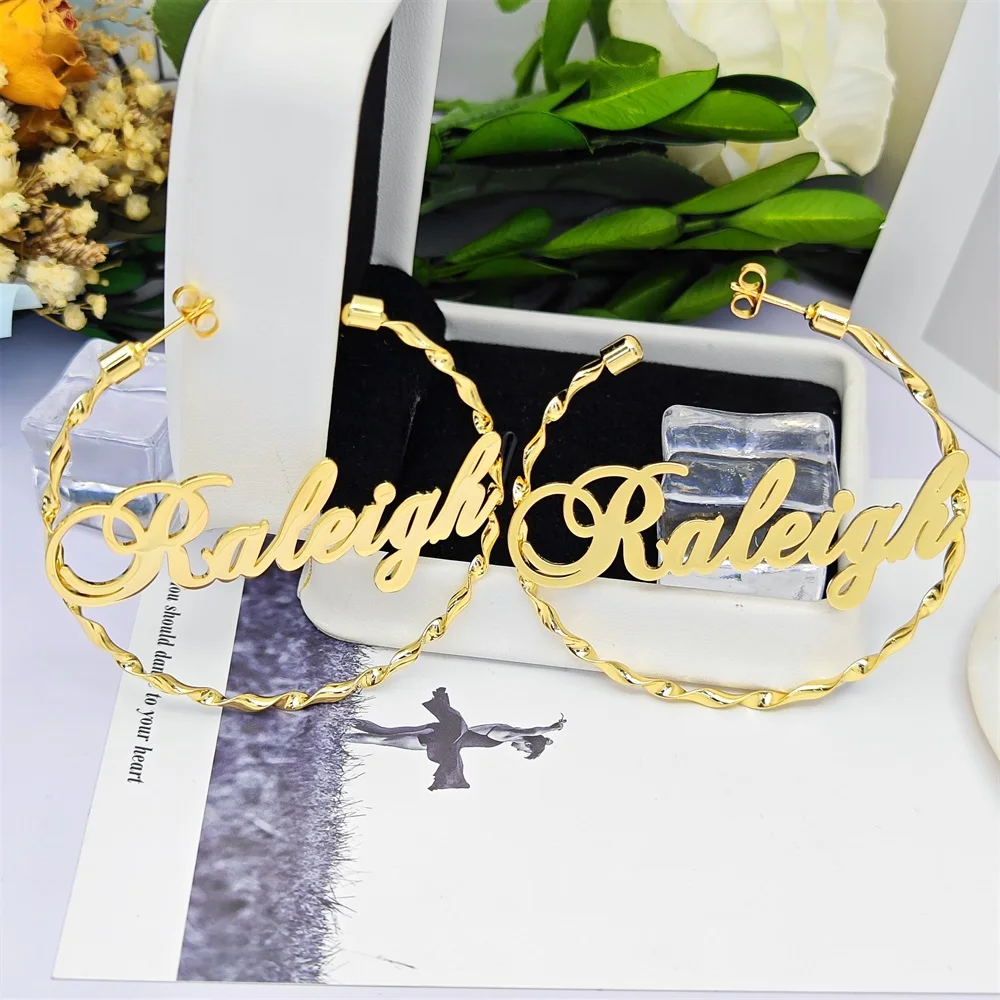 2023 40-90mm Custom Twisted Name Hoop Earring Personalized Stainless Steel Spiral Earring For Women Gifts Jewelry