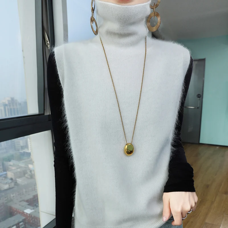 Chaleco de cachemira de visón de cuello alto para mujer, chaqueta de suéter sin mangas de punto para primavera y otoño, chaleco tipo jersey para mujer, superventas
