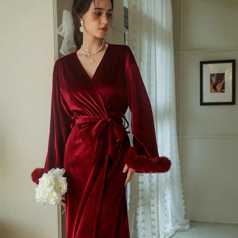 Sexy Burgundy Long Robe Gown Women Autumn Sleepwear Velour Feather Kimono Bathrobe Nightgown Bride Robes Intimate Lingerie