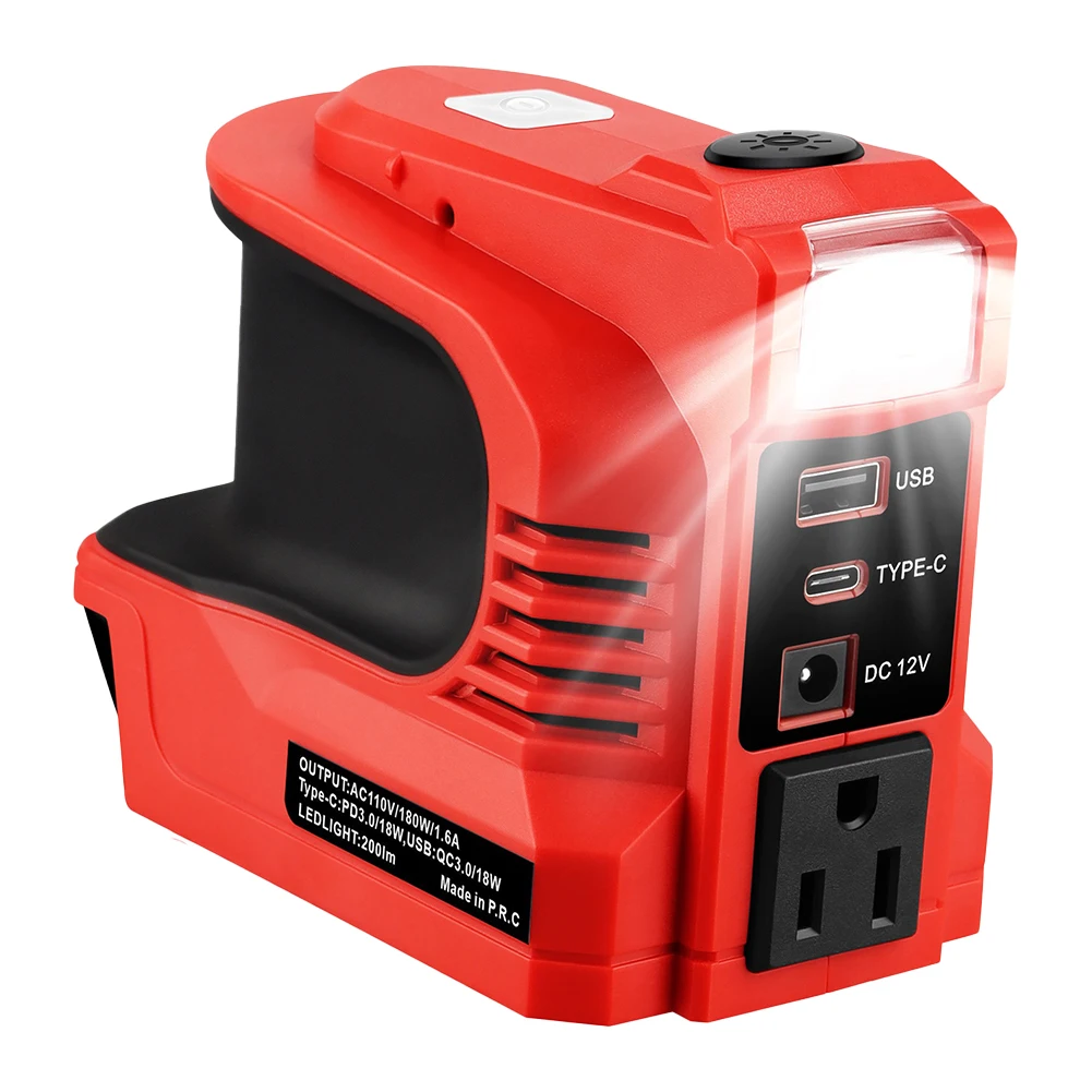 

Compact Design Portable DC/AC Converter Compatible with For 18V Battery Featuring USB Ports and Adjustable Lighting