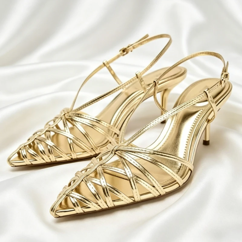 

Sexy Gold Heeled Sandals Women Narrow Strap Hollow Pointed Toe Slingback Heels for Ladies Summer Luxury Designer Party Shoes