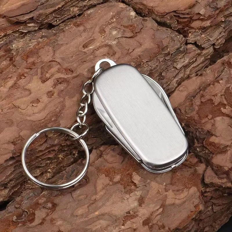 1Pc Stainless Steel 4-in-1 Multi Tool Mini Keychain Buckle Tactical Outdoor Camping Folding Tool for Picnic Hiking