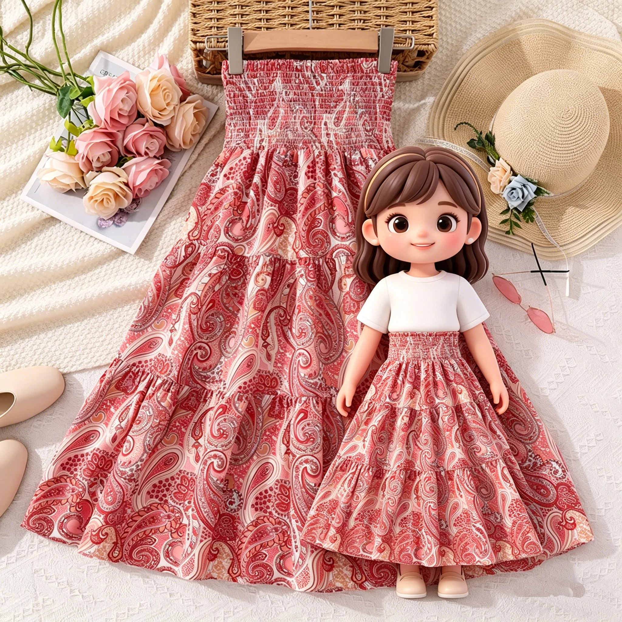 Girls 8‑12Y Vintage Printed Tiered Skirt, High Waist Smocked Elastic Waistband, Loose Flowy Hem, All‑Match Kids Casual Wear