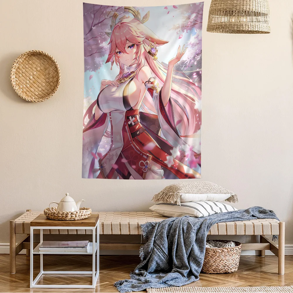 Yae Miko Genshin Impact Anime-Wandteppich – Hippie-Blumendruck, wirkt als Wandbehang, Schlafsäle und steigert die Atmosphäre zu Hause
