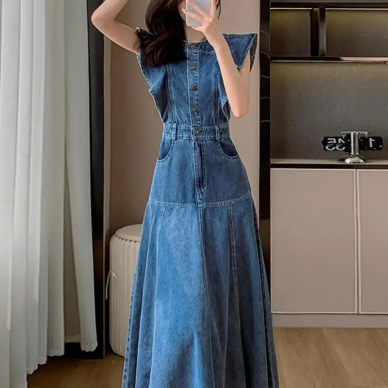 Summer New Design Sensation Women's Denim Dr Slim Waist Fi Tail Long Skirt Faionable A-Line Midi Dr without Sves
