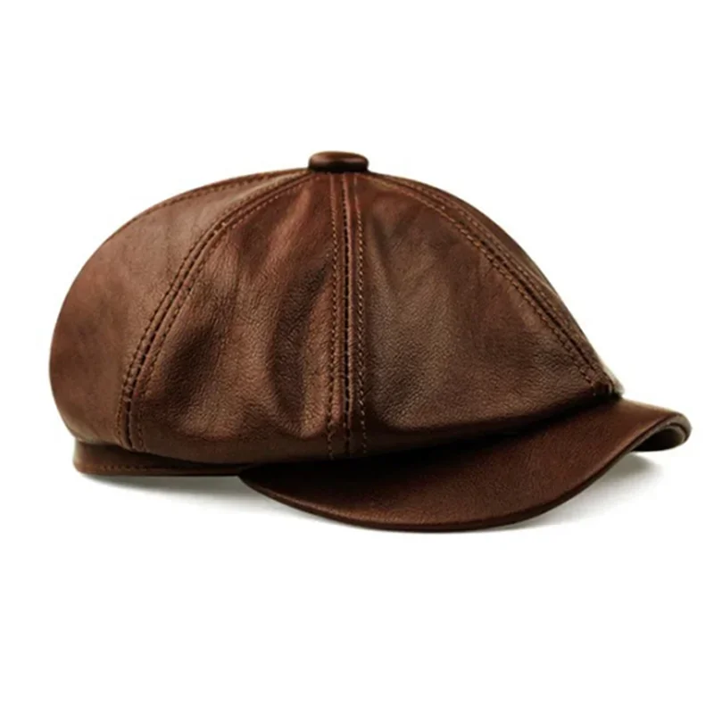 Retro Brown Hats Men Spring/Winter 100% Real Leather Warm Cap Male Beret Painter Boina Cowhide Octagonal Casquette High Quality